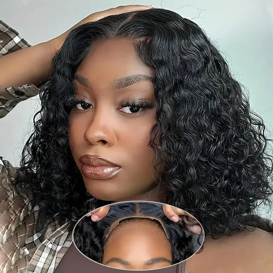13x4 Curly Bob Wig Human Hair 100% Glueless Wear and Go HD Lace Human Hair Frontal Preplucked Ready to Wear Water Wave Bob Wigs